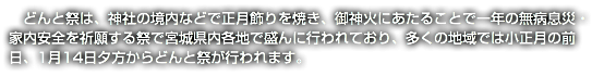 　どんと祭は、神社の境内などで正月飾りを焼き、御神火にあたることで一年の無病息災・家内安全を祈願する祭で宮城県内各地で盛んに行われており、多くの地域では小正月の前日、1月14日夕方からどんと祭が行われます。